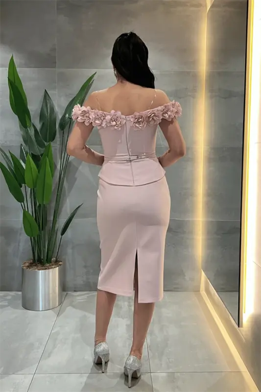Double Kumaş Çiçek Detaylı Kalem Elbise - PUDRA - 5