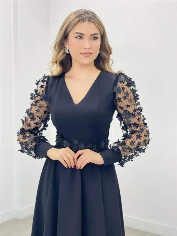 Double Kumaş Kollari 3 Ölçovli Gullari Ko'ylak - Qora - 3