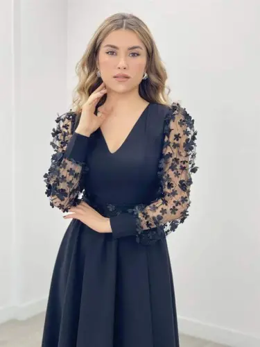 Double Kumaş Kollari 3 Ölçovli Gullari Ko'ylak - Qora - 4