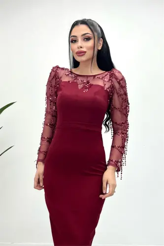 Double Kumaş Pul Saçaklı Elbise - Bordo - 1