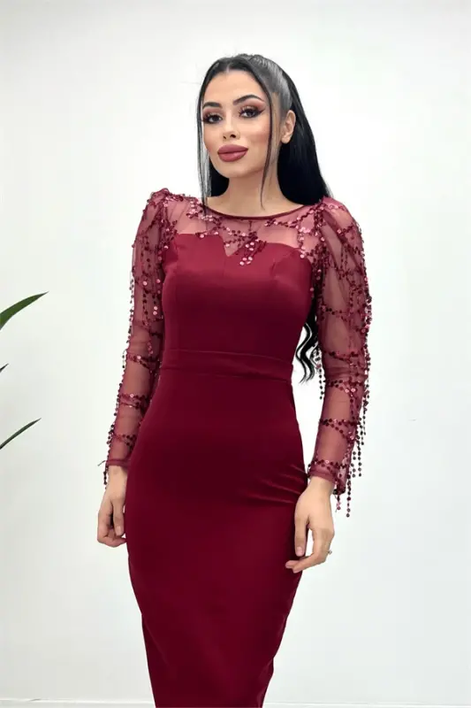 Double Kumaş Pul Saçaklı Elbise - Bordo - 1