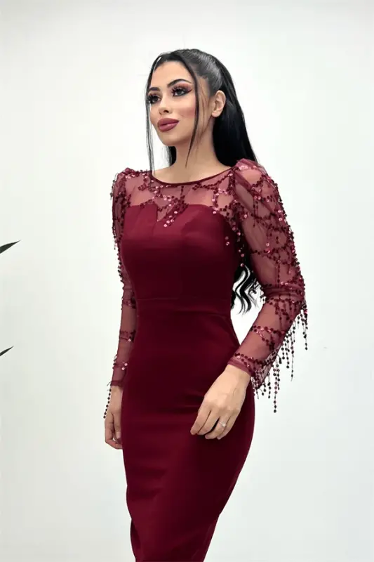 Double Kumaş Pul Saçaklı Elbise - Bordo - 2