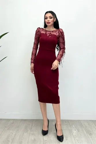 Double Kumaş Pul Saçaklı Elbise - Bordo - 3