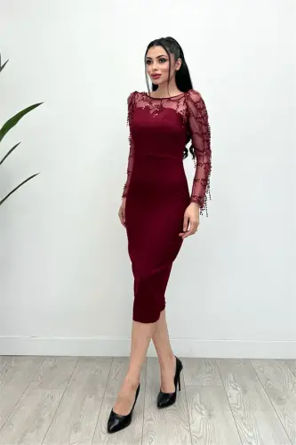 Double Kumaş Pul Saçaklı Elbise - Bordo - 5
