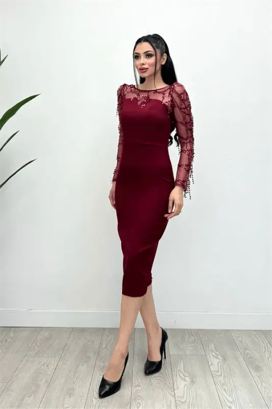 Double Kumaş Pul Saçaklı Elbise - Bordo - 5