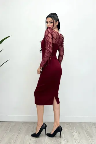 Double Kumaş Pul Saçaklı Elbise - Bordo - 7