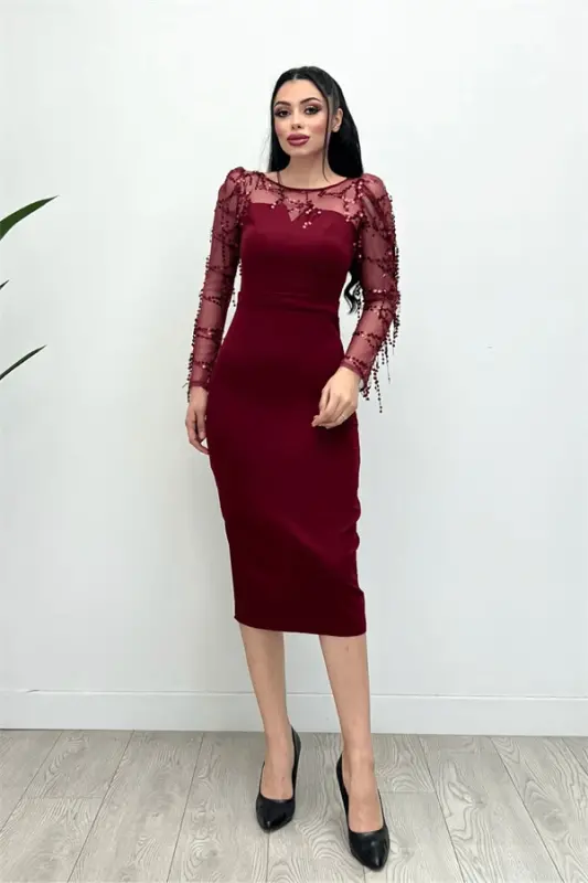 Double Kumaş Pul Saçaklı Elbise - Bordo - 4