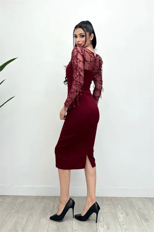 Double Kumaş Pul Saçaklı Elbise - Bordo - 7