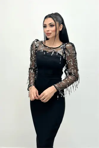 Double Kumaş Pul Saçaklı Elbise - Gümüş - BÜYÜKBEDENIZ (1)