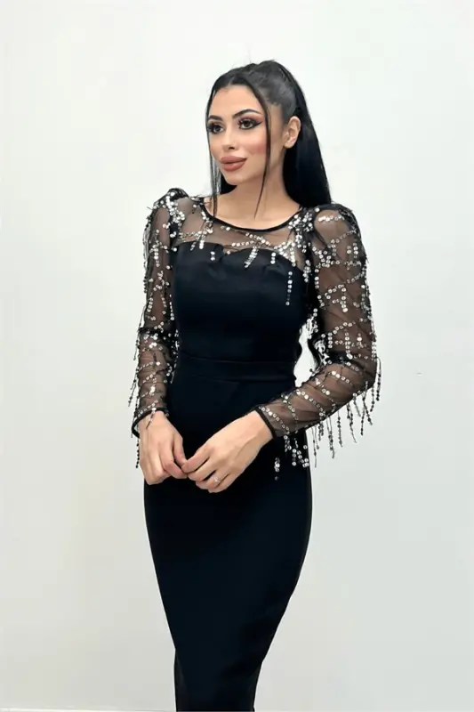 Double Kumaş Pul Saçaklı Elbise - Gümüş - 2