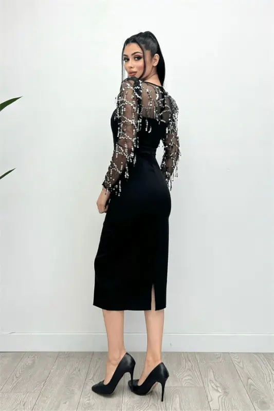 Double Kumaş Pul Saçaklı Elbise - Gümüş - 8