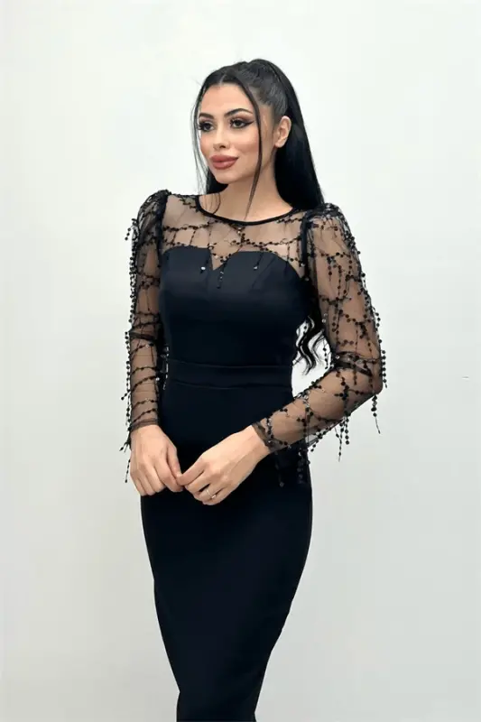 Double Kumaş Pul Saçaklı Elbise - Siyah - 2