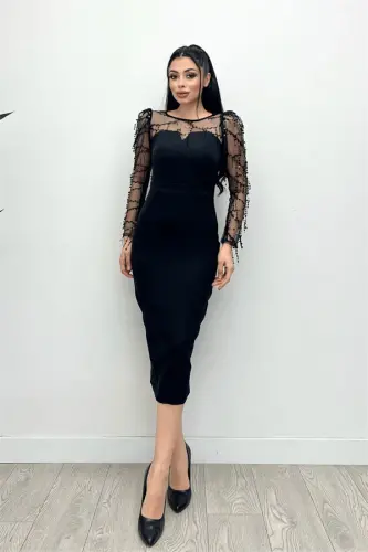 Double Kumaş Pul Saçaklı Elbise - Siyah - 3