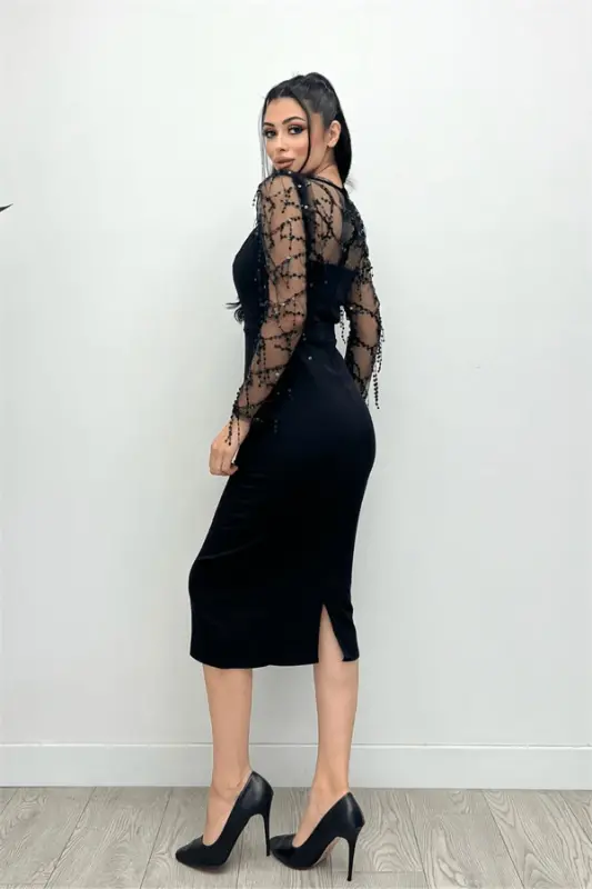 Double Kumaş Pul Saçaklı Elbise - Siyah - 8