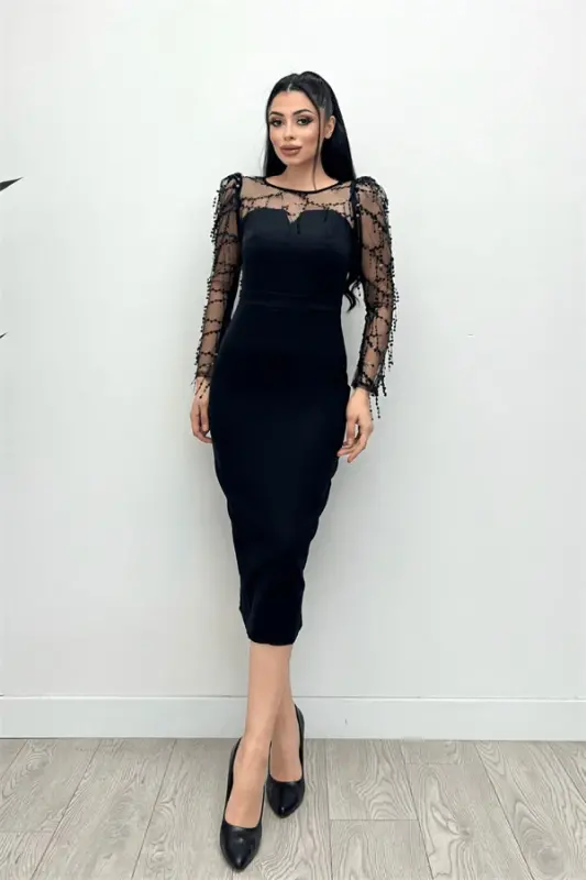 Double Kumaş Pul Saçaklı Ko'ylak - Qora - 4