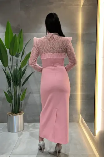 Double Kumaş Straplez Dantel Bolero Detaylı Elbise - PEMBE - 1