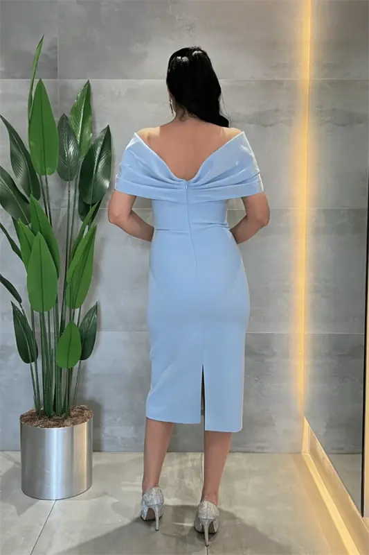 Double Kumaş Taş Detaylı Kayık Yaka Kalem Elbise - BEBE MAVİSİ - 5