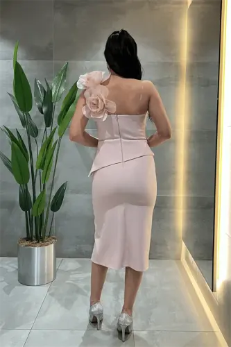 Double Kumaş Tek Kol Gül Detaylı Kalem Elbise - PUDRA - 5