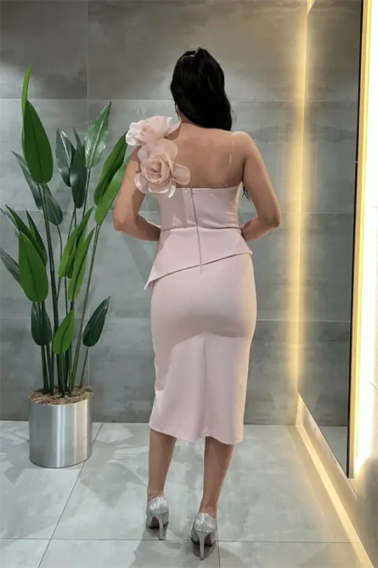 Double Kumaş Tek Kol Gül Detaylı Kalem Elbise - PUDRA - 5