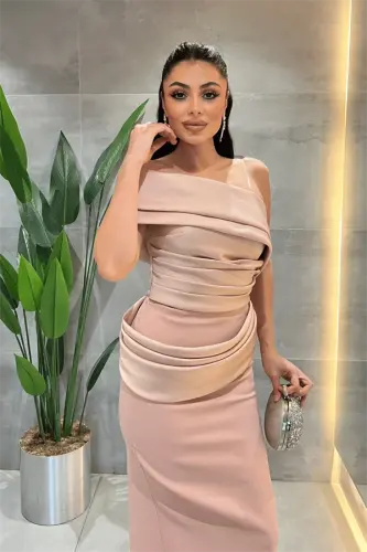 Double Kumaş Tek Kol Kalem Elbise - PUDRA - 3