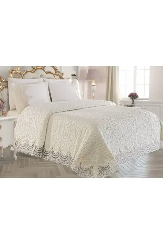 Double Lace Dowry Boxed Blanket Set Light Cream Color-LIGHT CREAM - KELEBEK