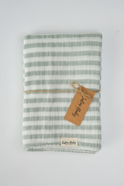 Double Layer Striped Muslin Swaddle Blanket 40/40 - 120x120 Cm Green - CALINE BABY (1)