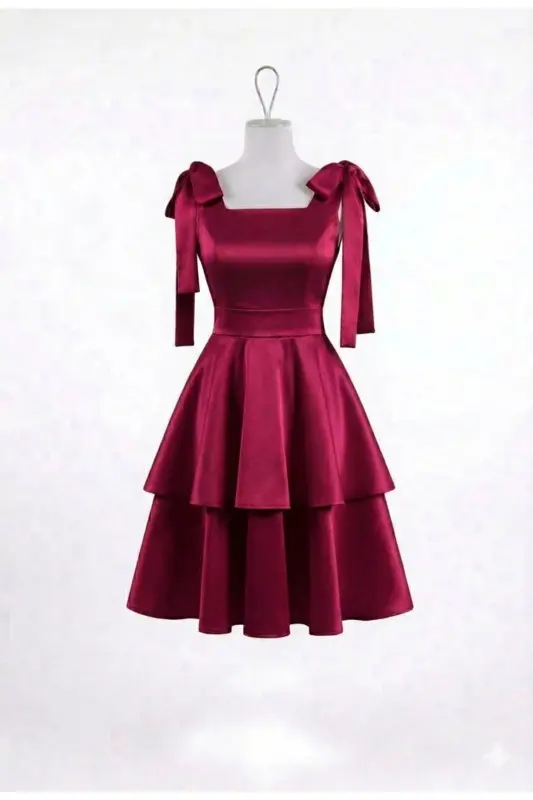 Double Layered Skirted, Square Necked, Shoulder Bowed Graduation Dress - CHERRY - MAKBULEOFFICIAL
