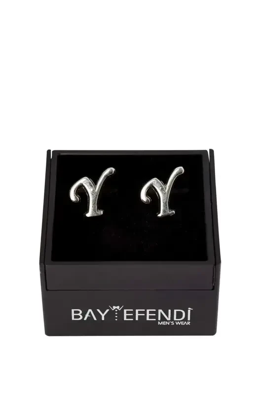 Double Lettered Silver Color Cufflink Letter Y-Y - BAYEFENDİ