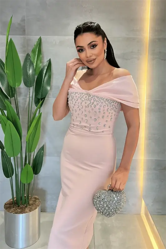 Double matoli, toshli detalga ega qayiq yoqa qalam ko‘ylak - PUDRA - 4