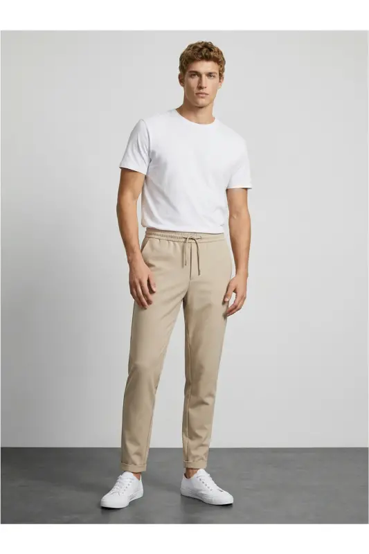 Double Paça Slim Fit Joger Pantolon-BEJ - 6