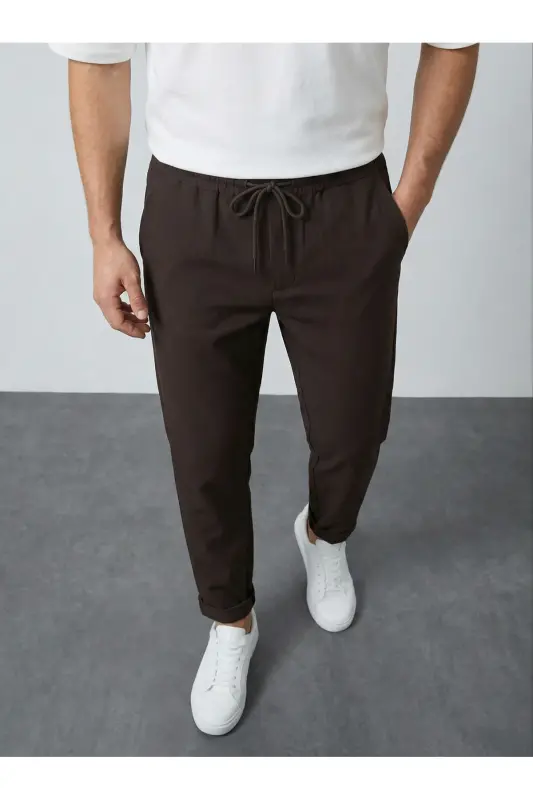 Double Paça Slim Fit Joger Pantolon - Kahverengi - 1