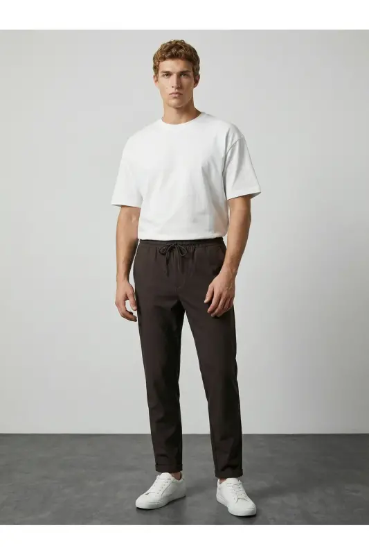Double Paça Slim Fit Joger Pantolon - Kahverengi - 4