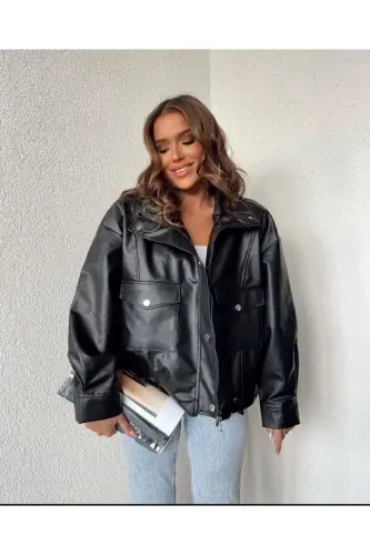 Double Pocket Side-Zippered Leather Jacket - VESS MODA (1)