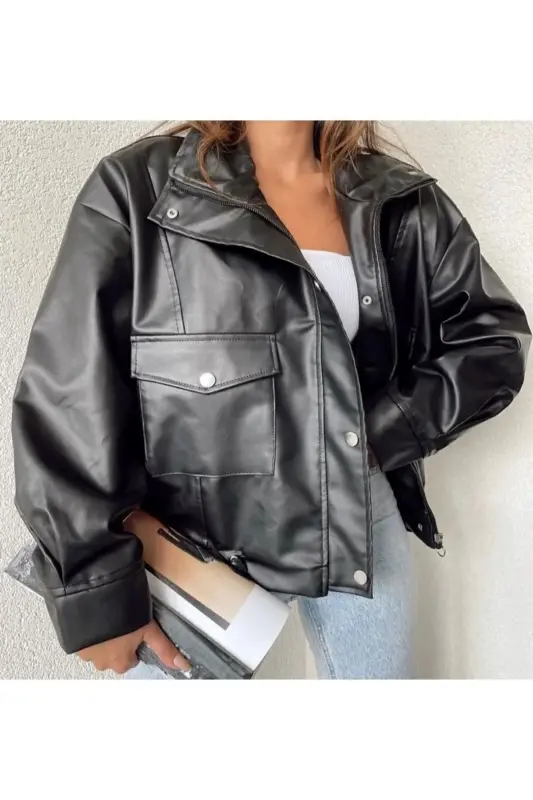 Double Pocket Side-Zippered Leather Jacket - 5
