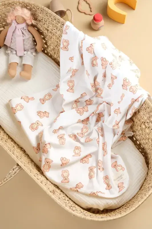 Double Sided Interlock Cover & Blanket %100 Cotton Oeko-tex Certified 100 X 85 Cm-Teddy Bear - BONDBERRO