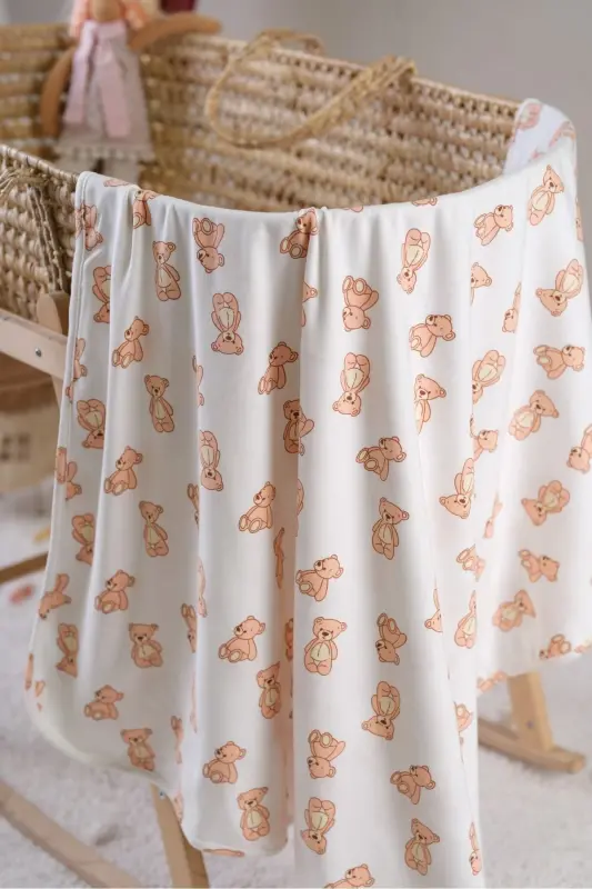 Double Sided Interlock Cover & Blanket %100 Cotton Oeko-tex Certified 100 X 85 Cm-Teddy Bear - 5