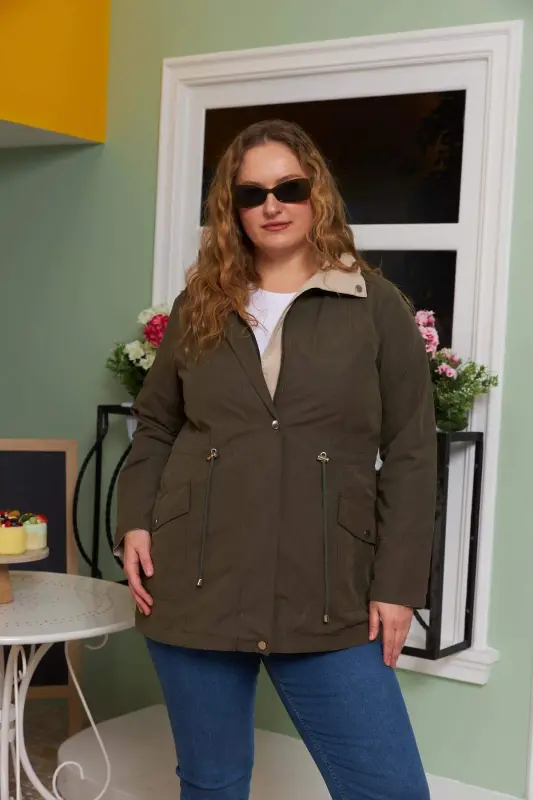 Double-sided Plus Size Trench Coat Khaki - BÜYÜKBEDENIZ