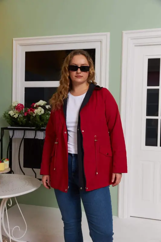 Double-Sided Plus Size Trench Coat Red - BÜYÜKBEDENIZ