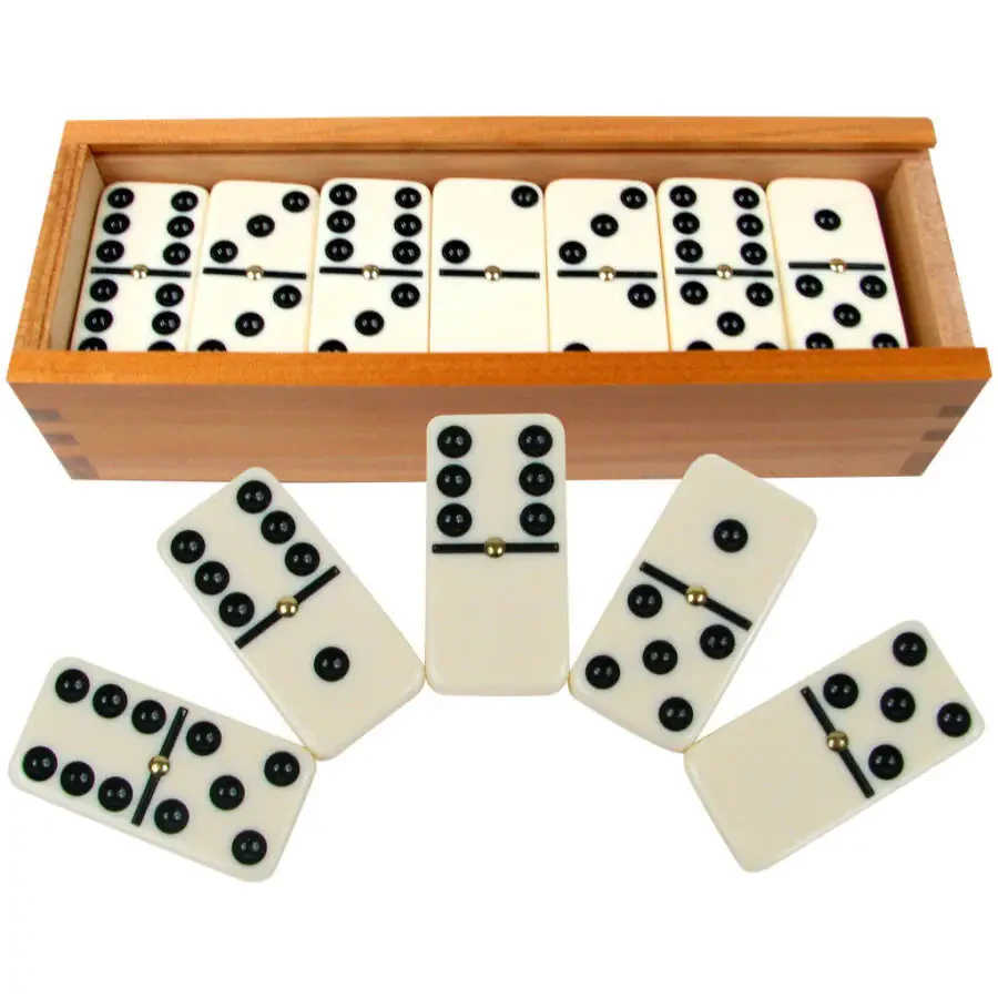 Double Six Dominoes with Wood Case by Hey! Play! (Set of 28) - 1