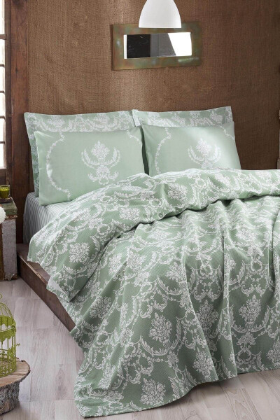 Double Size Natural Pique Printed Pure Seagreen - ENLORA HOME