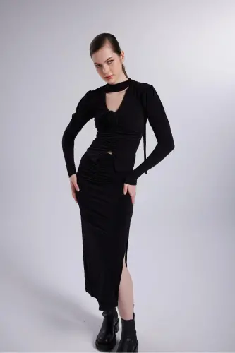 Double Slit Maxi Corset Skirt Black - 6