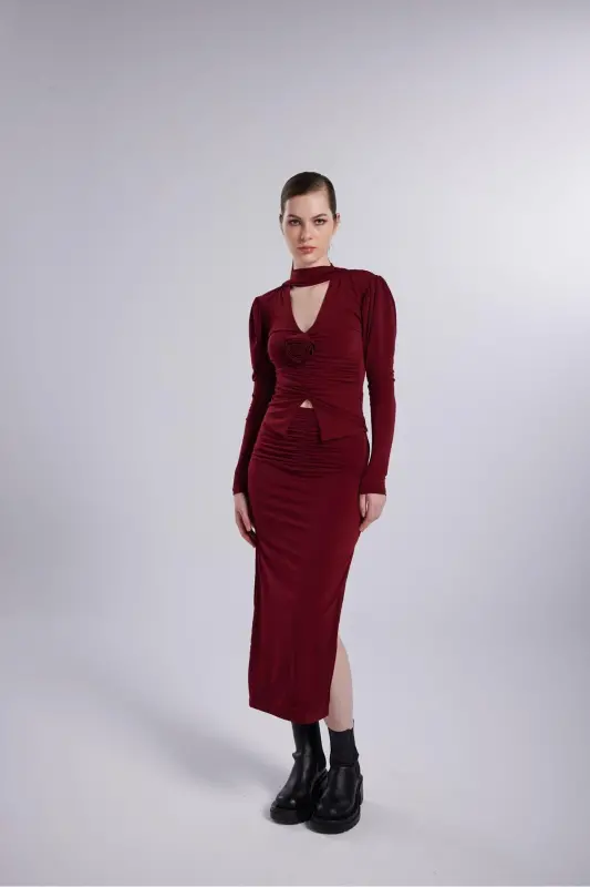 Double Slit Maxi Fit Skirt Burgundy - HOLLY LOLLY