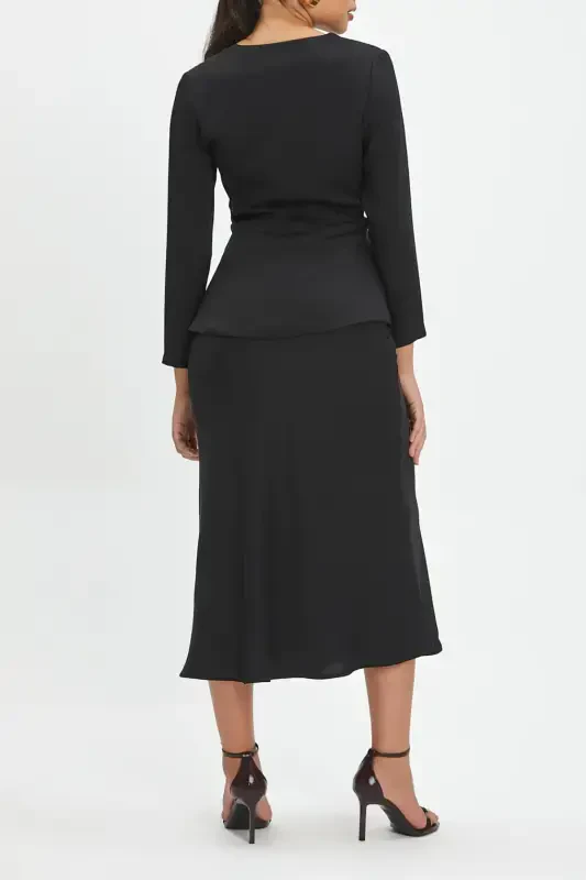 Double Suit Set with Organza Flower Detailed Blouse and Skirt, Black Suit 40246 - 2