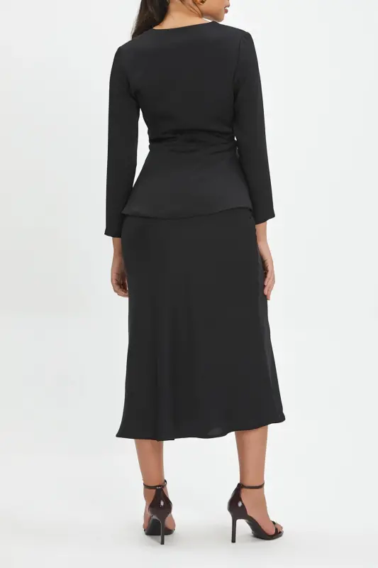 Double Suit Set with Organza Flower Detailed Blouse and Skirt, Black Suit 40246 - 2
