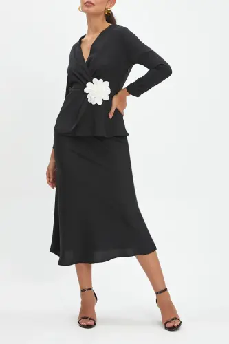 Double Suit Set with Organza Flower Detailed Blouse and Skirt, Black Suit 40246 - 4