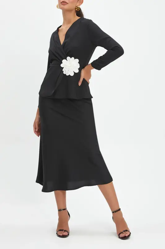 Double Suit Set with Organza Flower Detailed Blouse and Skirt, Black Suit 40246 - 4