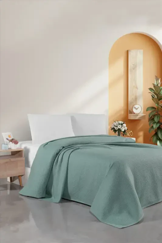 Double Waffle Pique 200x230cm - Sea Green Cotton Bedspread - Suitable for Summer Use - sea green mint - 2