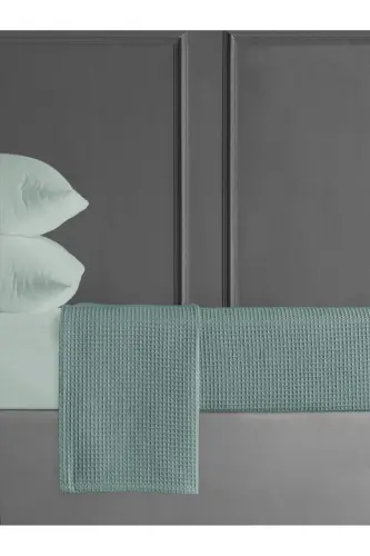 Double Waffle Pique 200x230cm - Sea Green Cotton Bedspread - Suitable for Summer Use - sea green mint 