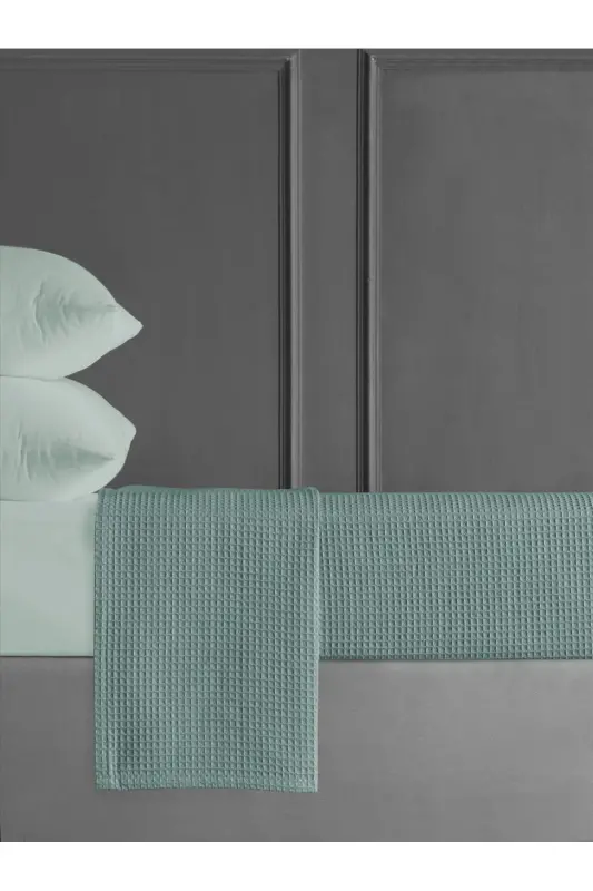 Double Waffle Pique 200x230cm - Sea Green Cotton Bedspread - Suitable for Summer Use - sea green mint - 1