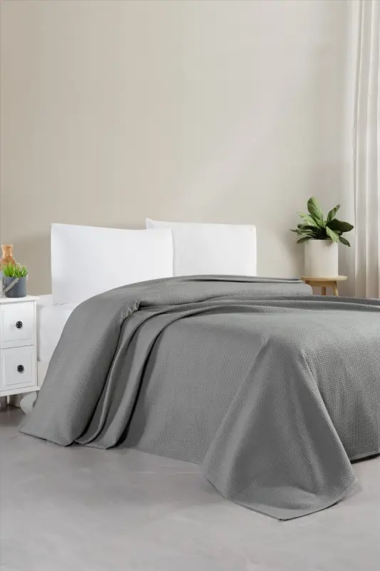 Double Waffle Pique, Anthracite Cotton Bedspread - 200x230cm - Summer Pique-Anthracite - 2